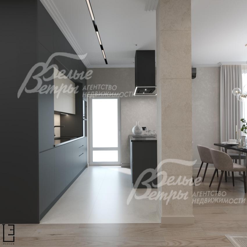 Визуализация дизайн проекта 1-го этажа: кухня с выходом на участок