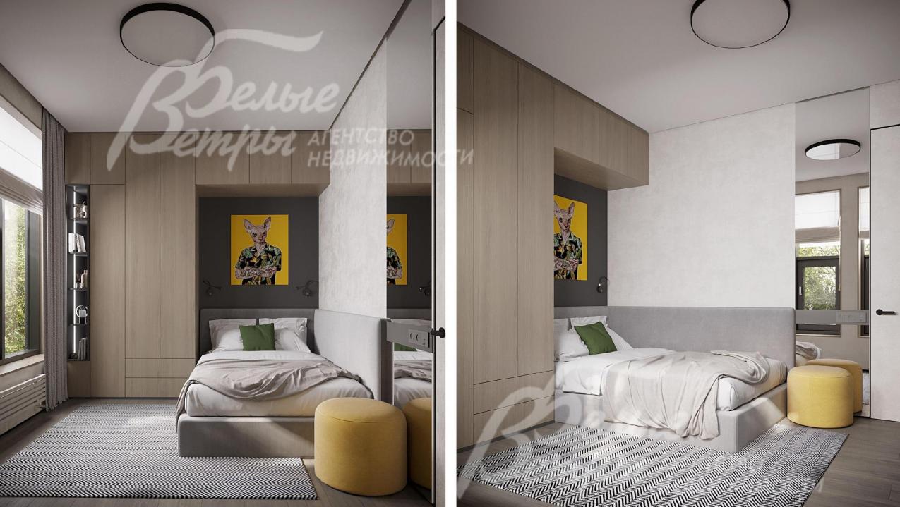 Визуализация дизайн-проекта 2-го этажа: одна из спален на втором этаже