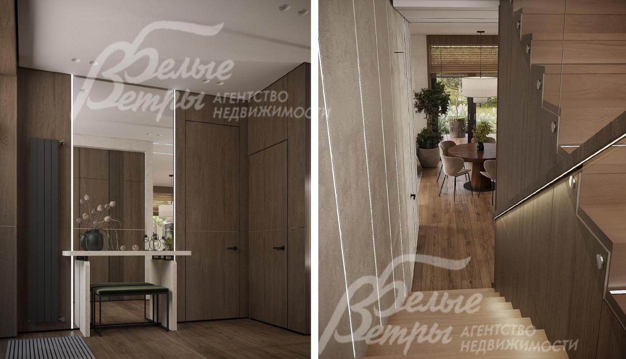 Визуализация дизайн-проекта 1-го этажа: слева - прихожая, справа - лестница на 2-й этаж из кухни-гостиной столовой