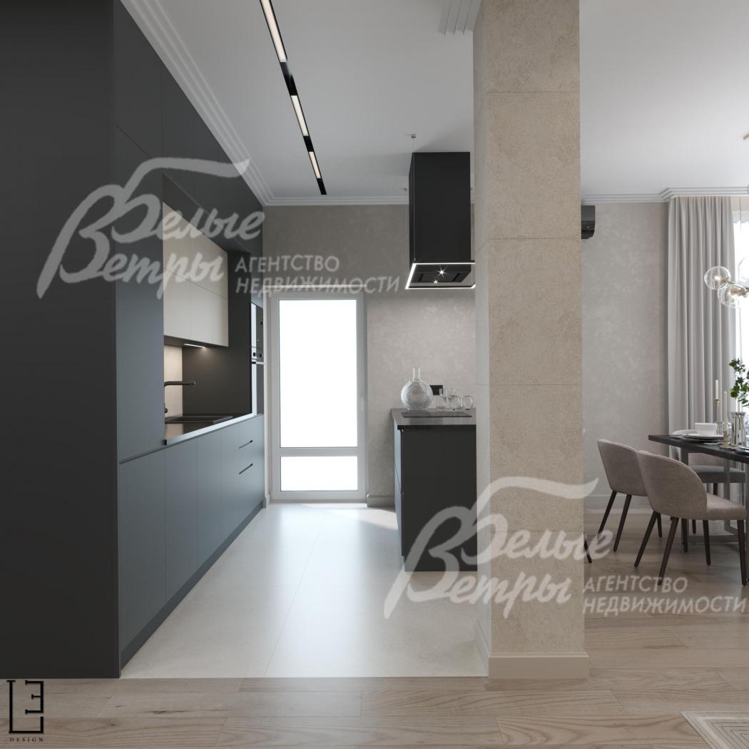 Визуализация дизайн проекта 1-го этажа: кухня с выходом на участок