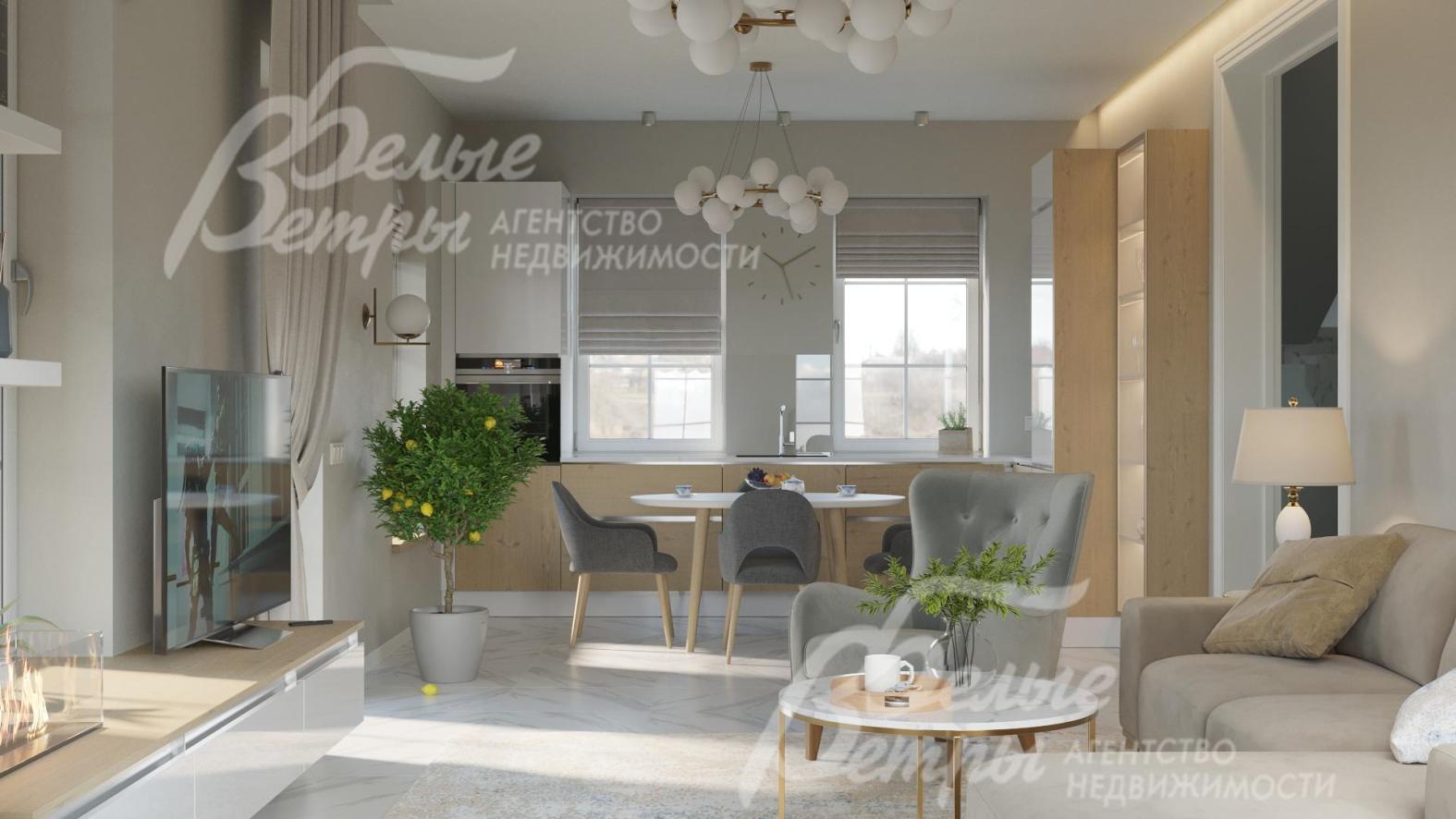 Зона кухни-гостиной. Интерьер дома выполнен в светлых тонах в неоклассическом стиле