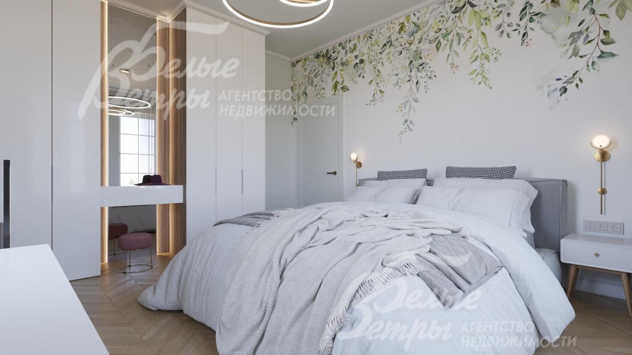 Стены в спальнях оформлены интерьерной краской и дизайнерскими обоями