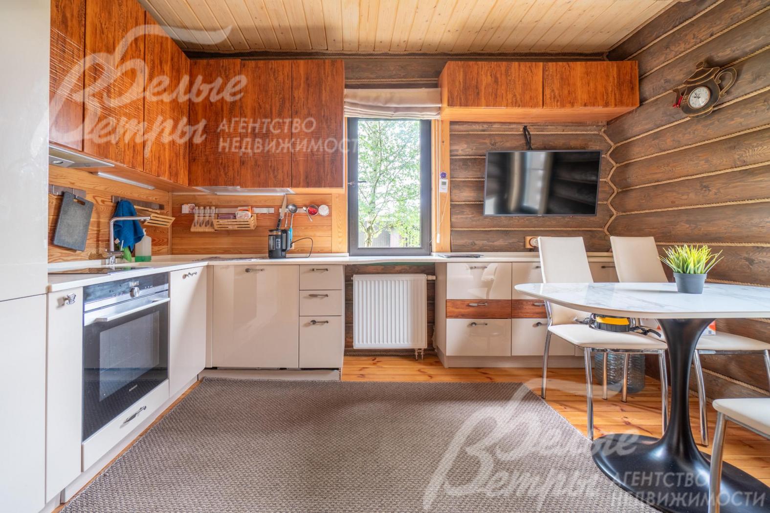 Кухня в бане полностью укомплектована техникой и мебелью