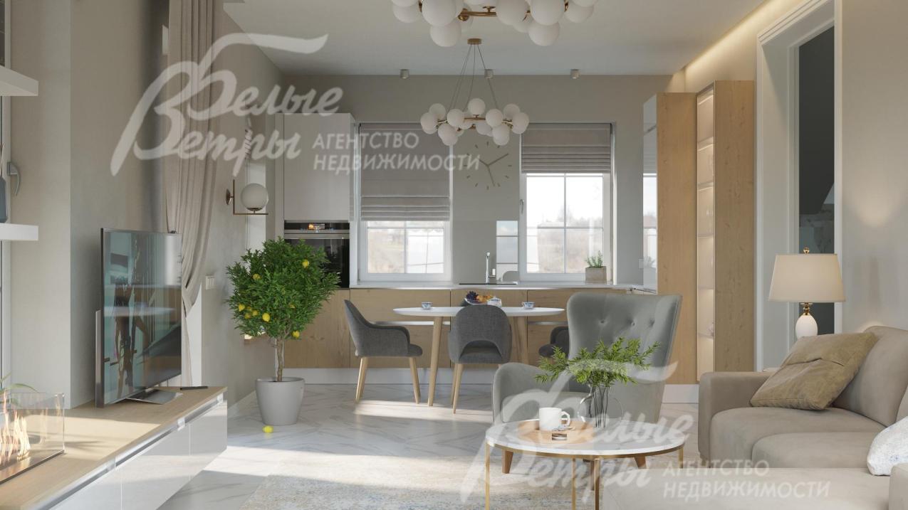 Зона кухни-гостиной. Интерьер дома выполнен в светлых тонах в неоклассическом стиле