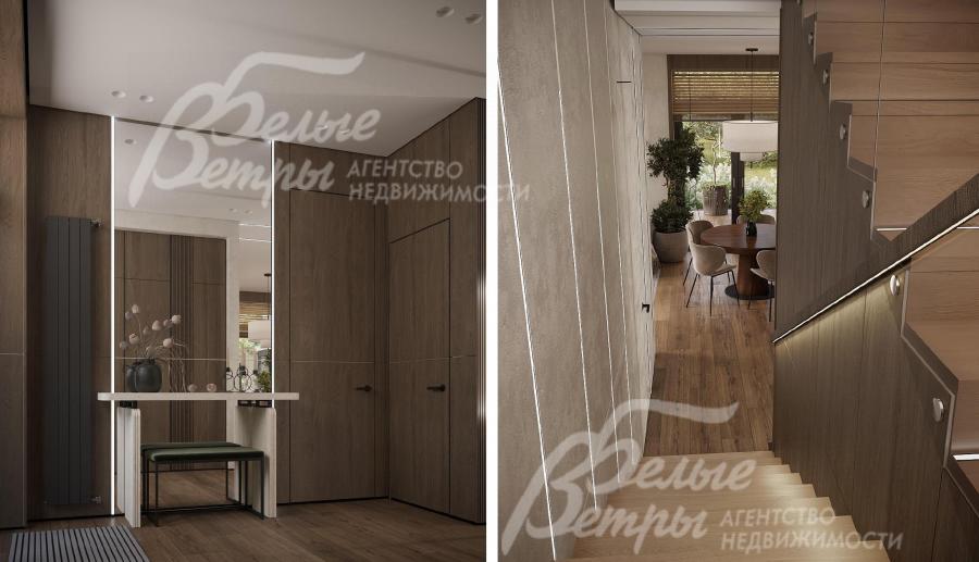 Визуализация дизайн-проекта 1-го этажа: слева - прихожая, справа - лестница на 2-й этаж из кухни-гостиной столовой