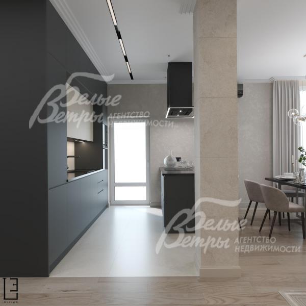 Визуализация дизайн проекта 1-го этажа: кухня с выходом на участок