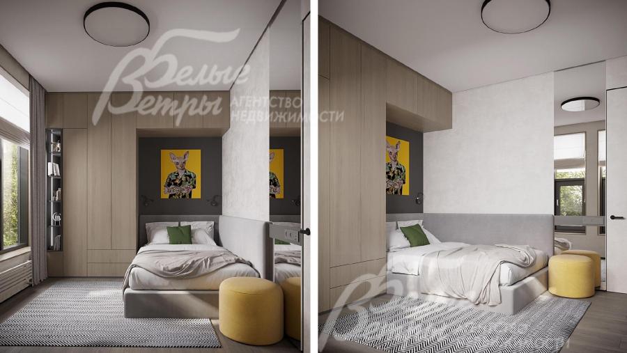 Визуализация дизайн-проекта 2-го этажа: одна из спален на втором этаже